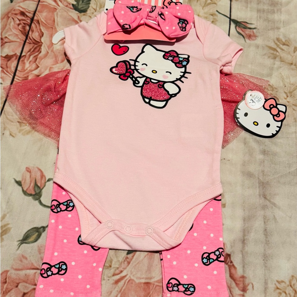 Hel Kitty Baby Girl 3 Piece Set Pink with Bow & Tutu 6 Months New with Tags
